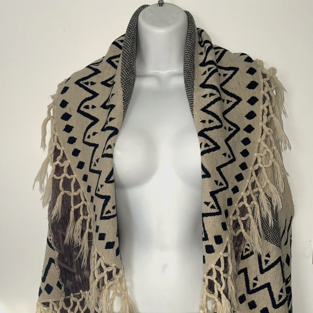 Vintage America Blues. Poncho with Red, Tan, Black Aztec Print.
